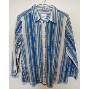 Christopher Banks Textured Dot Blouse Women’s Large Blue Striped Embellished Top